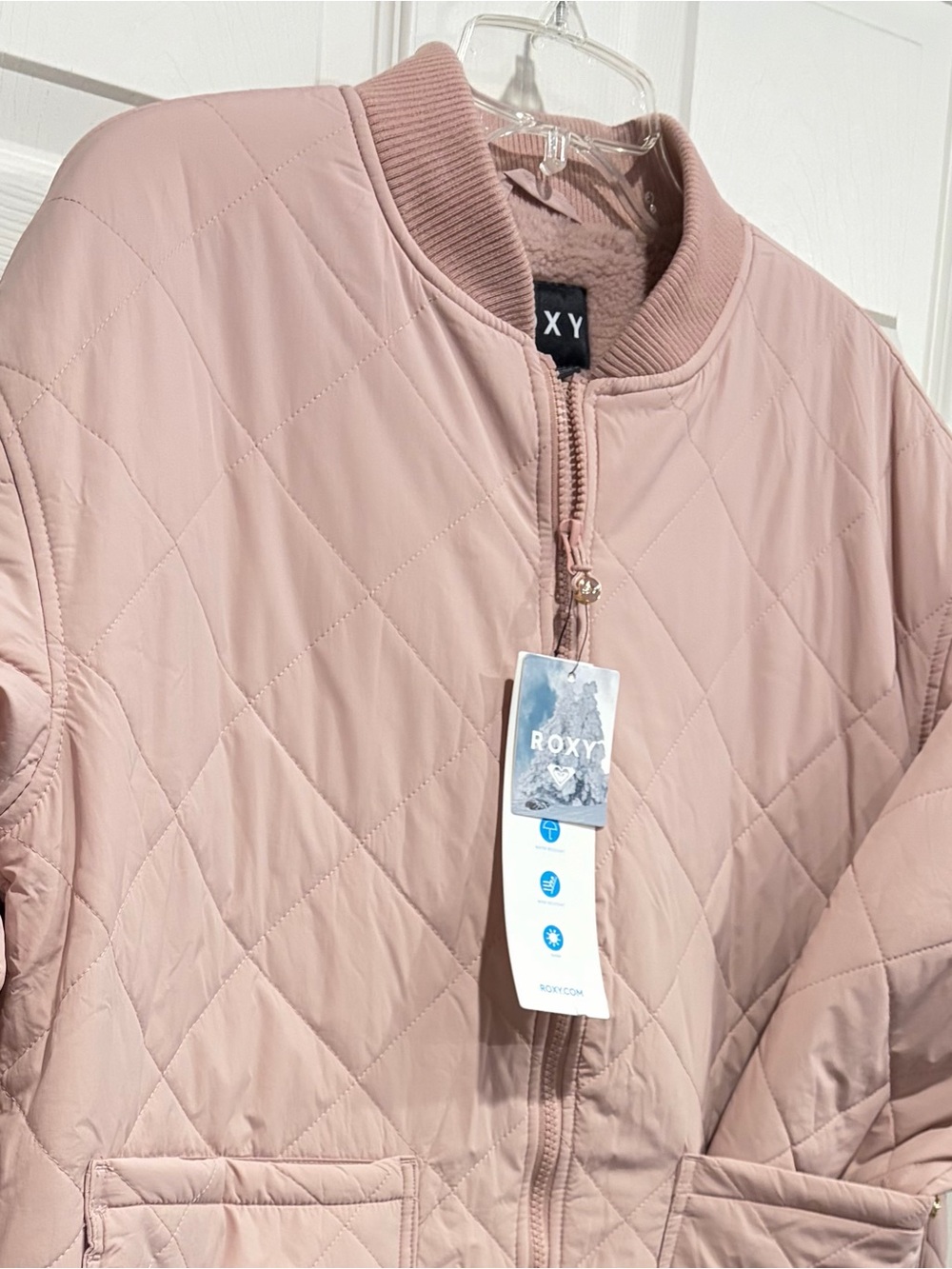 Roxy Women's Medium Aurora Quilted Bomber Pink Rose NWT Oversized Jacket Sherpa - Picture 2 of 9